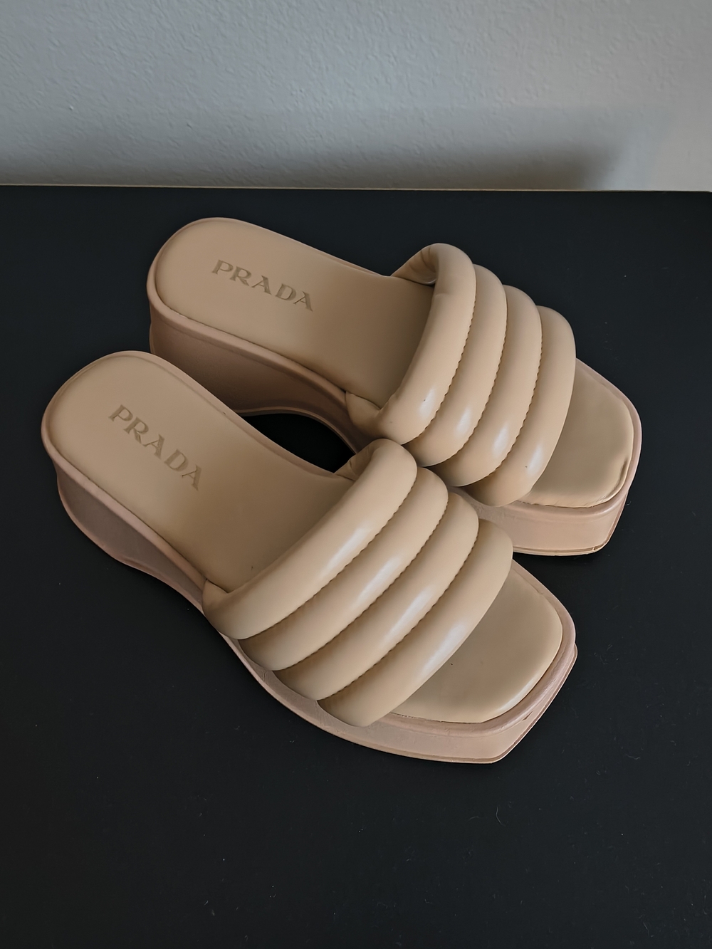 Prada Women’s Nude Quilted Platform Slide Sandals